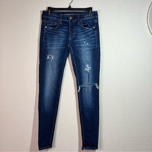 American Eagle Blue Distress Super Stretch Frayed Hem Jeggings Womens Size 4